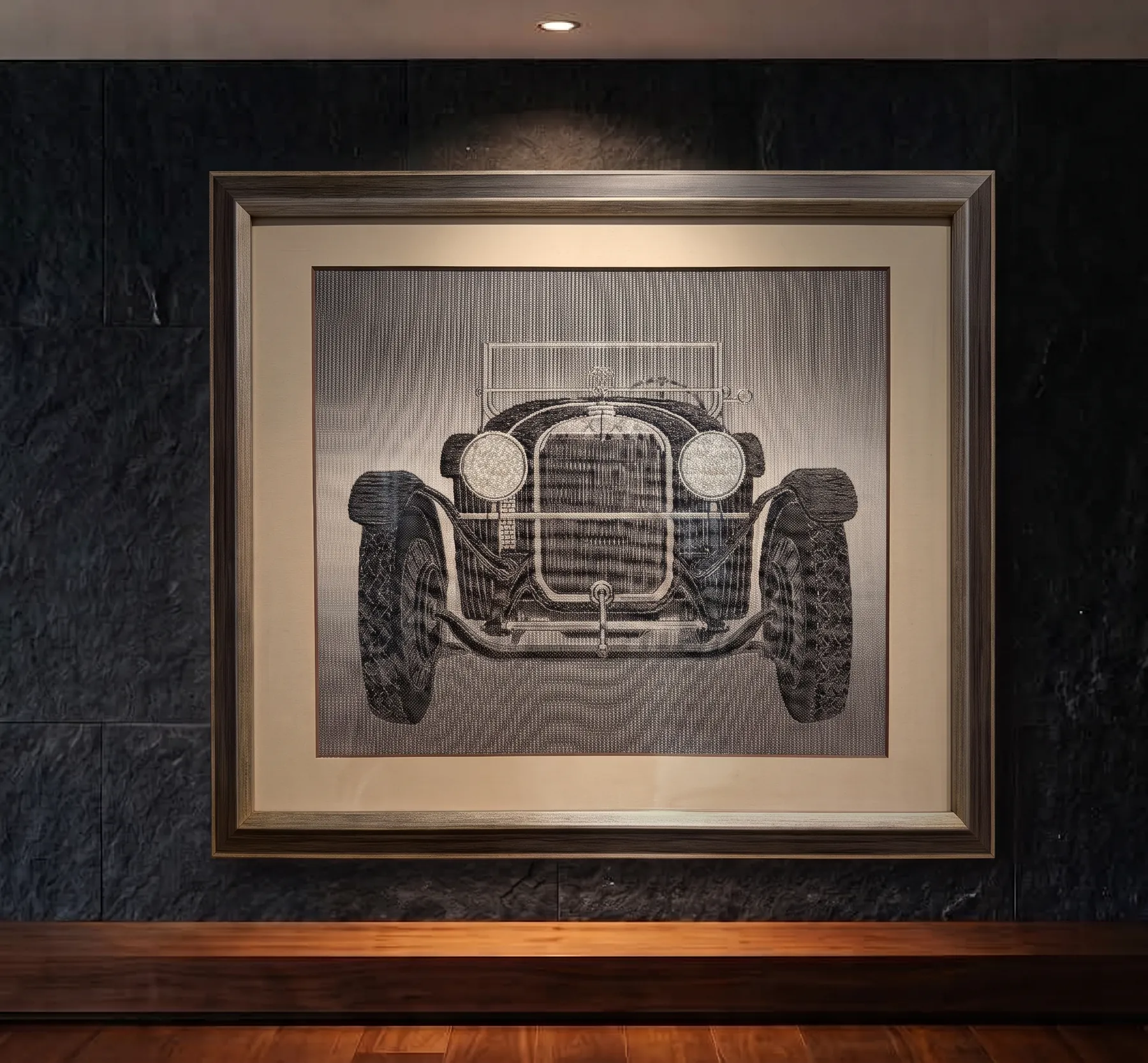 A Nishijin textile artwork of a vintage car, framed on a dark stone wall