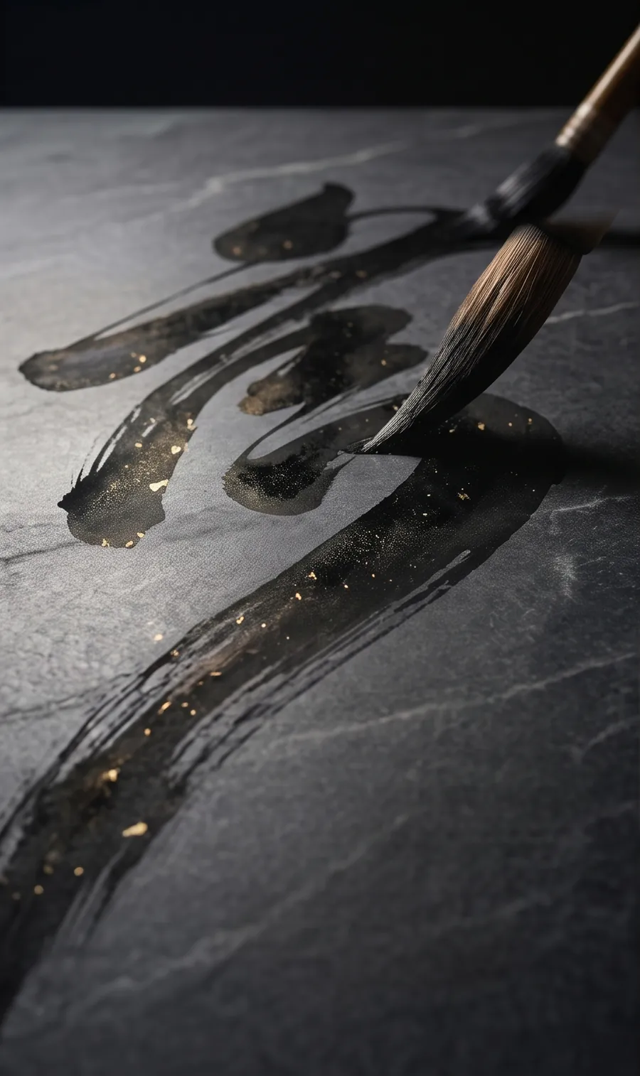 A brush writing a character in ink flecked with gold